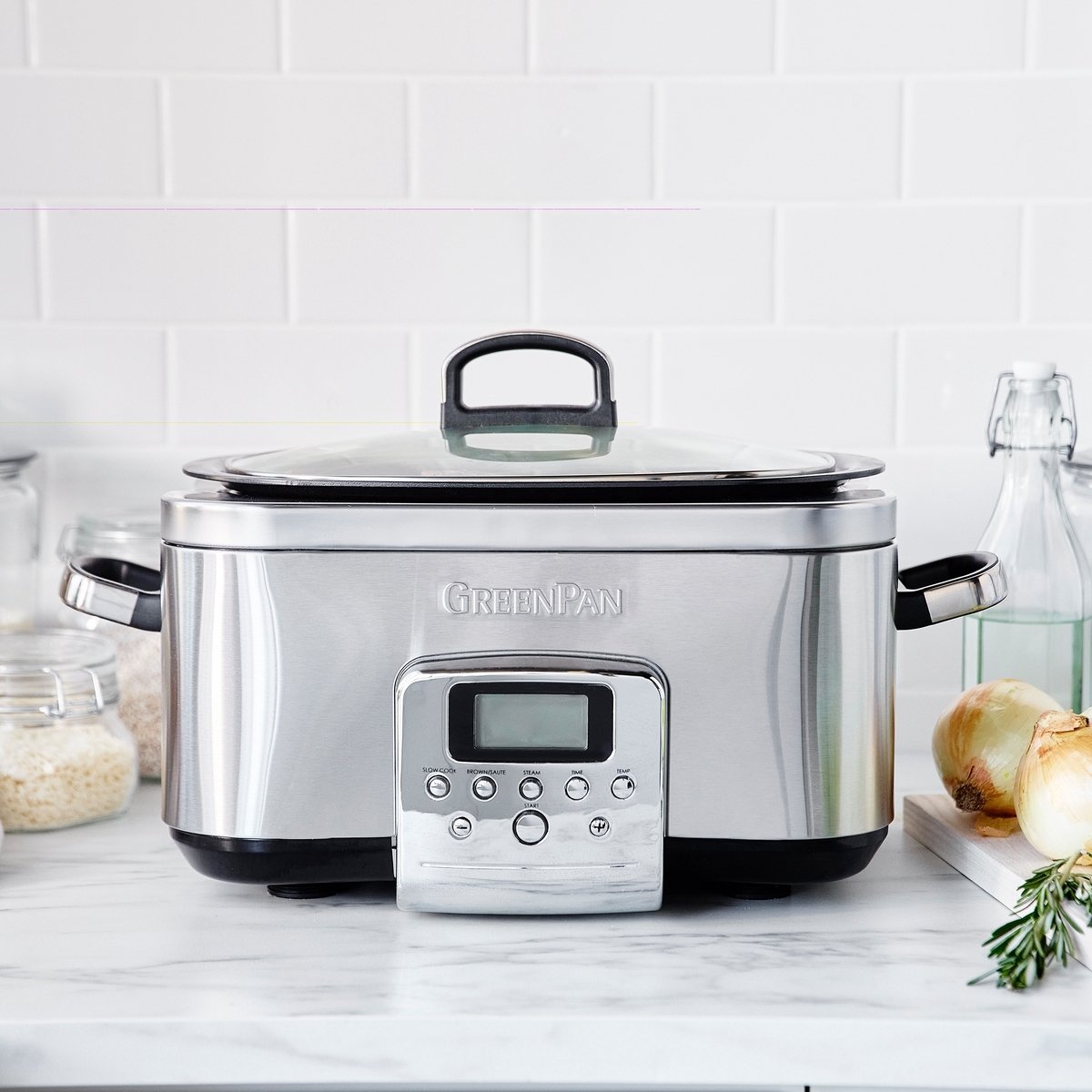 GreenPan Elite Slowcooker 6L - PFAS-vrije antikleeflaag - Leddisplay met kookprogramma's - Koudgreep - Vermogen: 1350 Watt - RVS Deksel - Met Receptenboek - Stainless Steel – foto 5