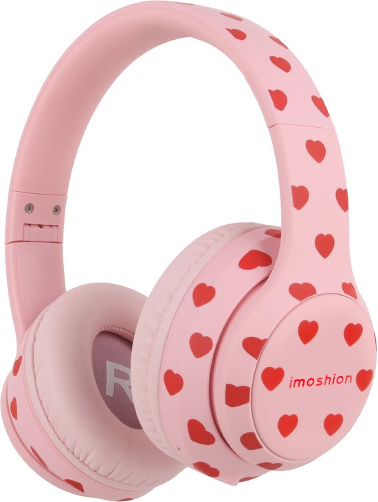 Roze koptelefoon met rode hartjes en 'imoshion' logo, geïsoleerd op witte achtergrond.