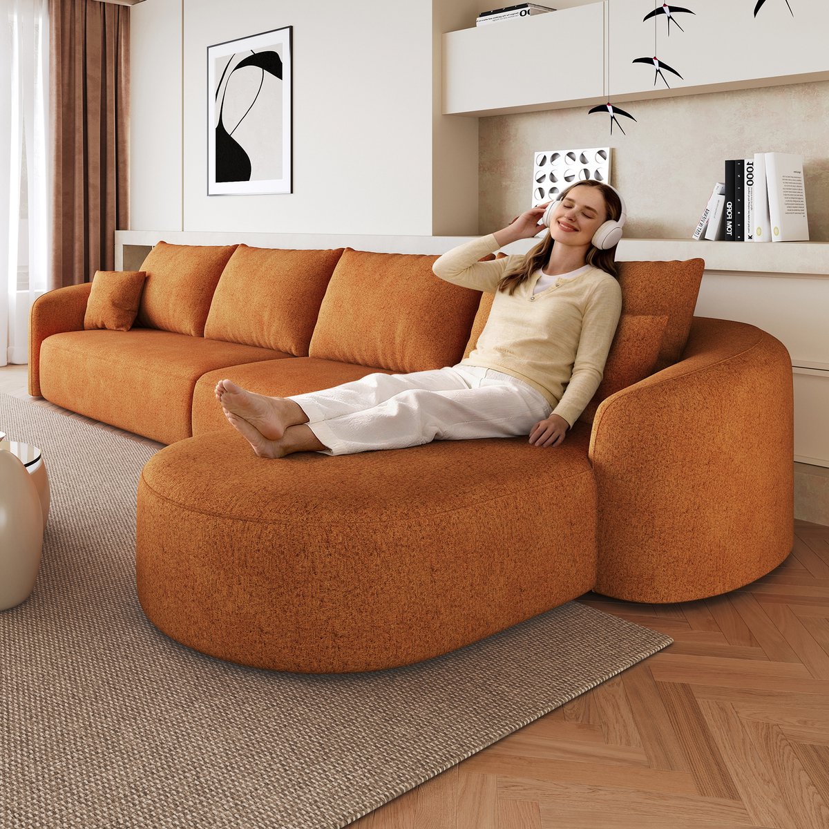 OKWISH Hoekbank 336 Cm - Modulaire 4-Zitsbank Zonder Montage - Voor Woonkamer En Appartement - Chenille Stof - Oranje