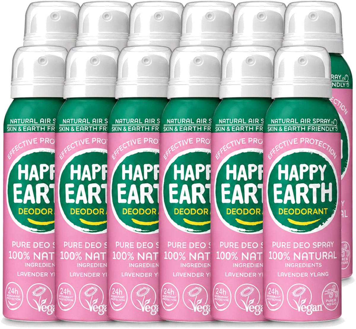 12 x Happy Earth – Deodorant Spray – 100% Natuurlijk Lavender Ylang – 100 ml - Voordeelverpakking - 12 stuks
