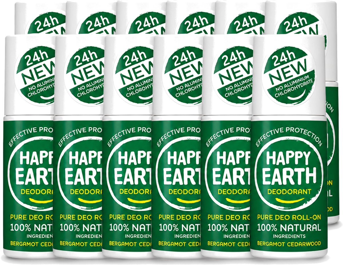 12 x Happy Earth – Deodorant Roll-On – 100% Natuurlijk Bergamot Cedarwood – 75 ml - Voordeelverpakking - 12 stuks