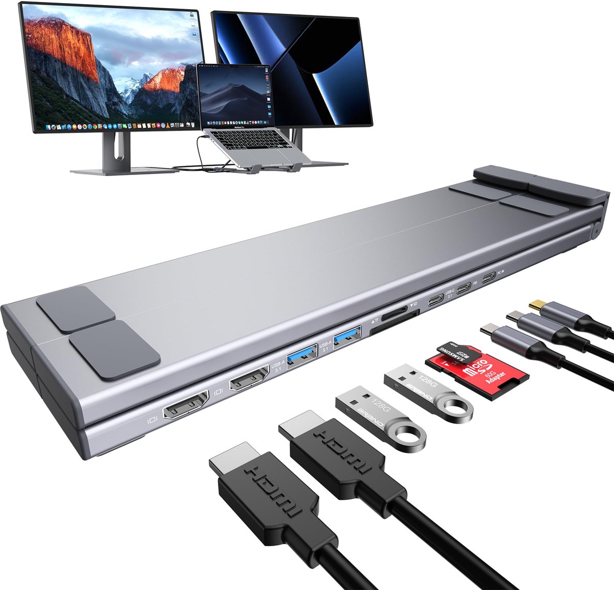 Laptop Docking Station 9-in-1 - Dual Monitor 4K @60Hz - 2 HDMI, 2 USB 3.0, PD 100W - Perfect voor kantoorgebruik - ShopVlot