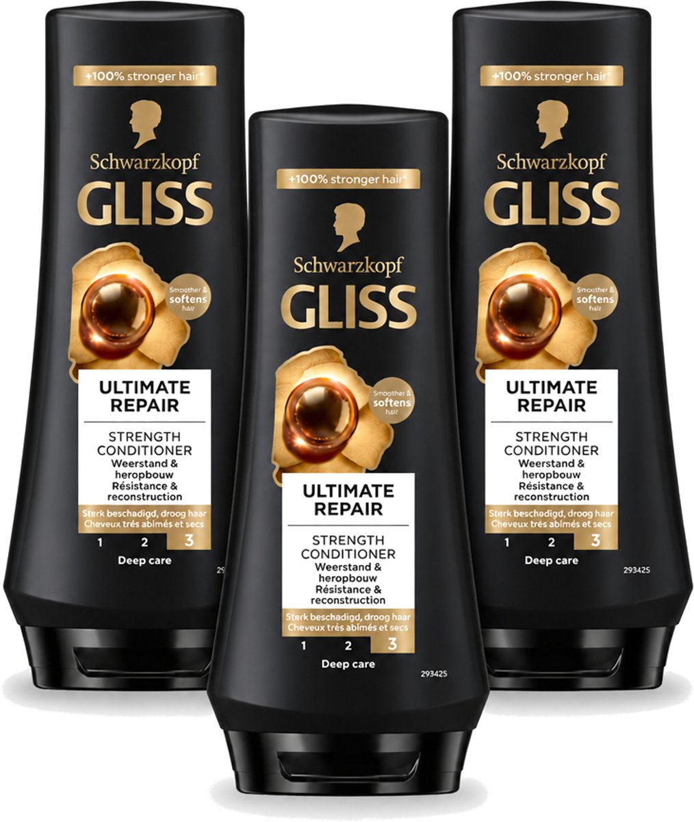 3 x Gliss - Hair Repair - Conditioner voor Ultiem Herstel van Beschadigd Haar - 200 ml - Voordeelverpakking - 3 stuks