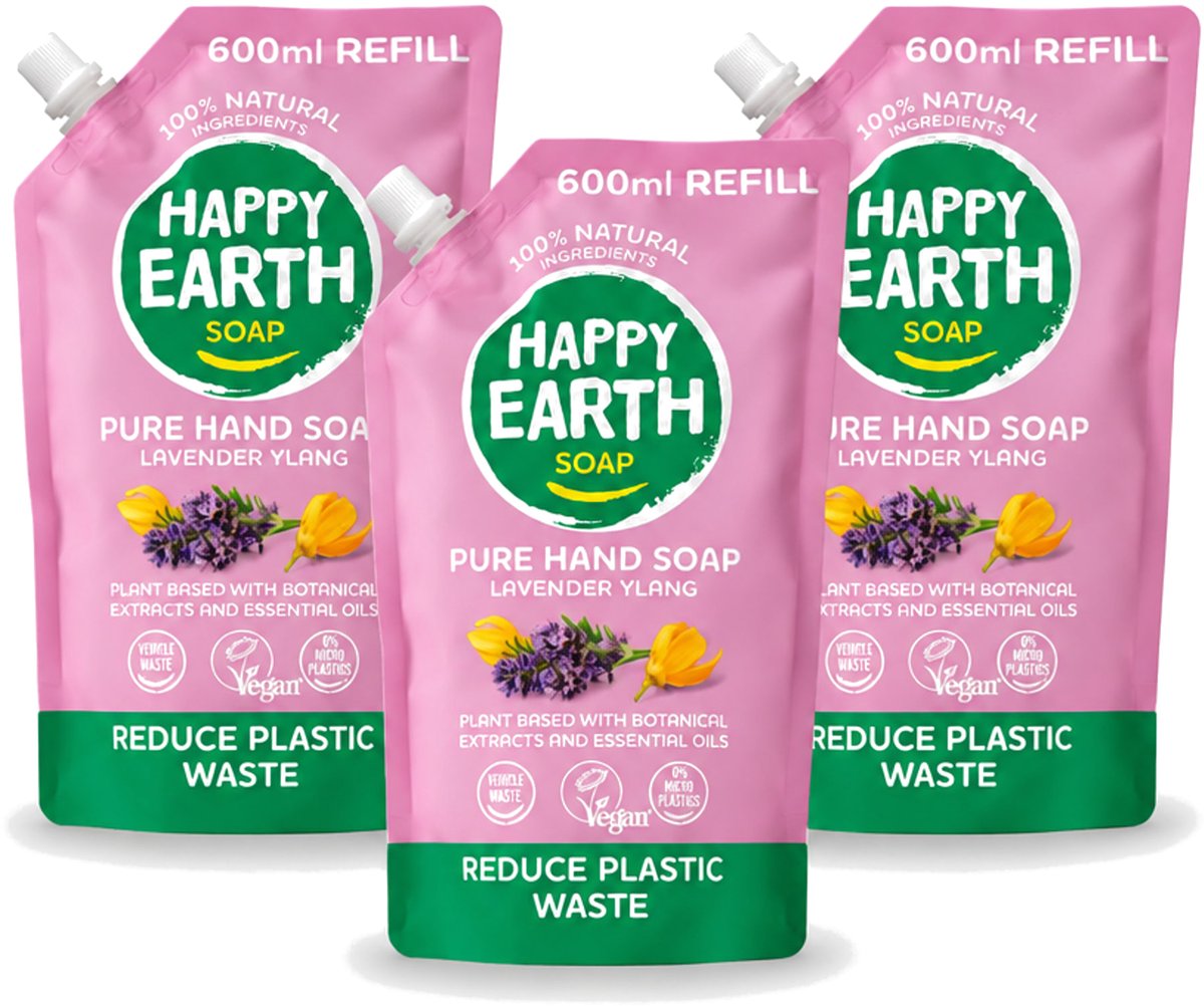 3 x Happy Earth – Handzeep Navulling – 100% Natuurlijk Lavender Ylang – 600 ml - Voordeelverpakking - 3 stuks