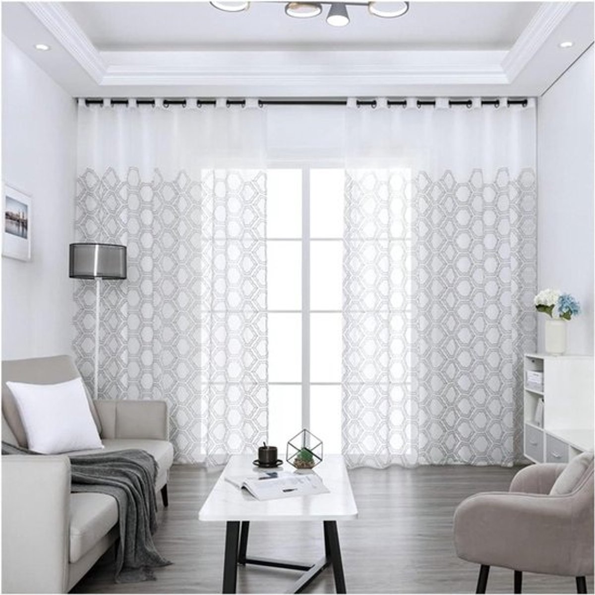 Gordijnenset - Raambekleding - Voor privacy - Met ringenophanging - 2x 107 x 244 cm - Grijs wit