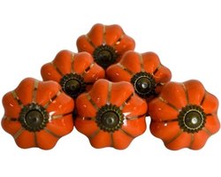 Keramische knoppen - Pompoenhandgrepen - Meubels decoreren - Handgeschilderd - Uniek - Set van 6 - Antiek oranje