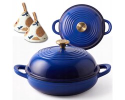 Hage - Broodbakpan - Geëmailleerde Gietijzeren Broodpan met Deksel - Voor Knapperig Brood & Ovenschotels - Geschikt voor Inductie, Gas & Oven - Inclusief Pannenhouder & Handbeschermers - 2 Liter - Ø26 x 16.5 cm - Blauw
