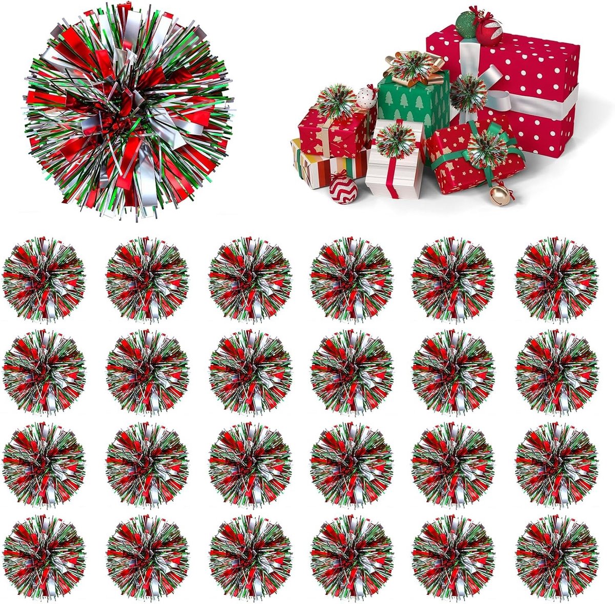 Geschenkstrikset - Rood & Groen met Zilver - 12,5 x 12,5 cm - Zelfklevende Decoratieve Strikken voor Cadeaus en Feestjes