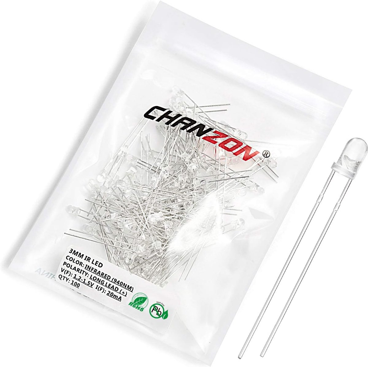 Chanzon 100pcs 3mm 940nm IR Emitter LED Diode Lights (Clear Round Infrared 940nm DC 1.2V 30mA 100mW) Lighting Lamp - ShopVlot