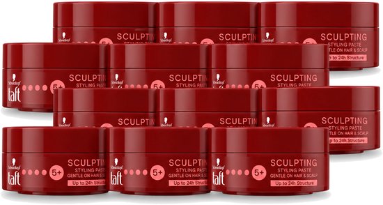12 potjes Taft Sculpting Styling Paste met oranje-rood deksel en witte opdruk.