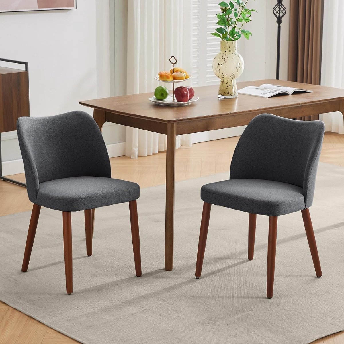 Eetkamerstoelen Set van 2 - Donkergrijs Linnen Stoelen Houten Poten