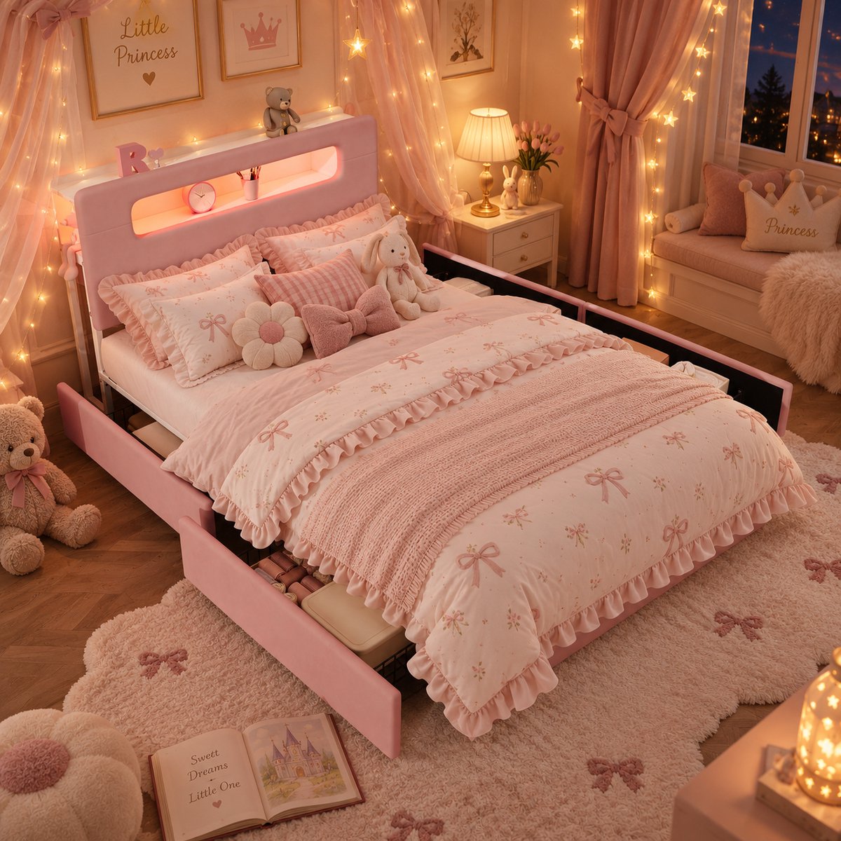 Welltin Kinderbed 140x200 cm - Tweepersoonsbed - Gestoffeerd bed - Opbergbed - Multifunctioneel bed - Met 4 lades - Met led-lichtstrip - Met opbergvak - Stevige constructie - Flueel - Roze