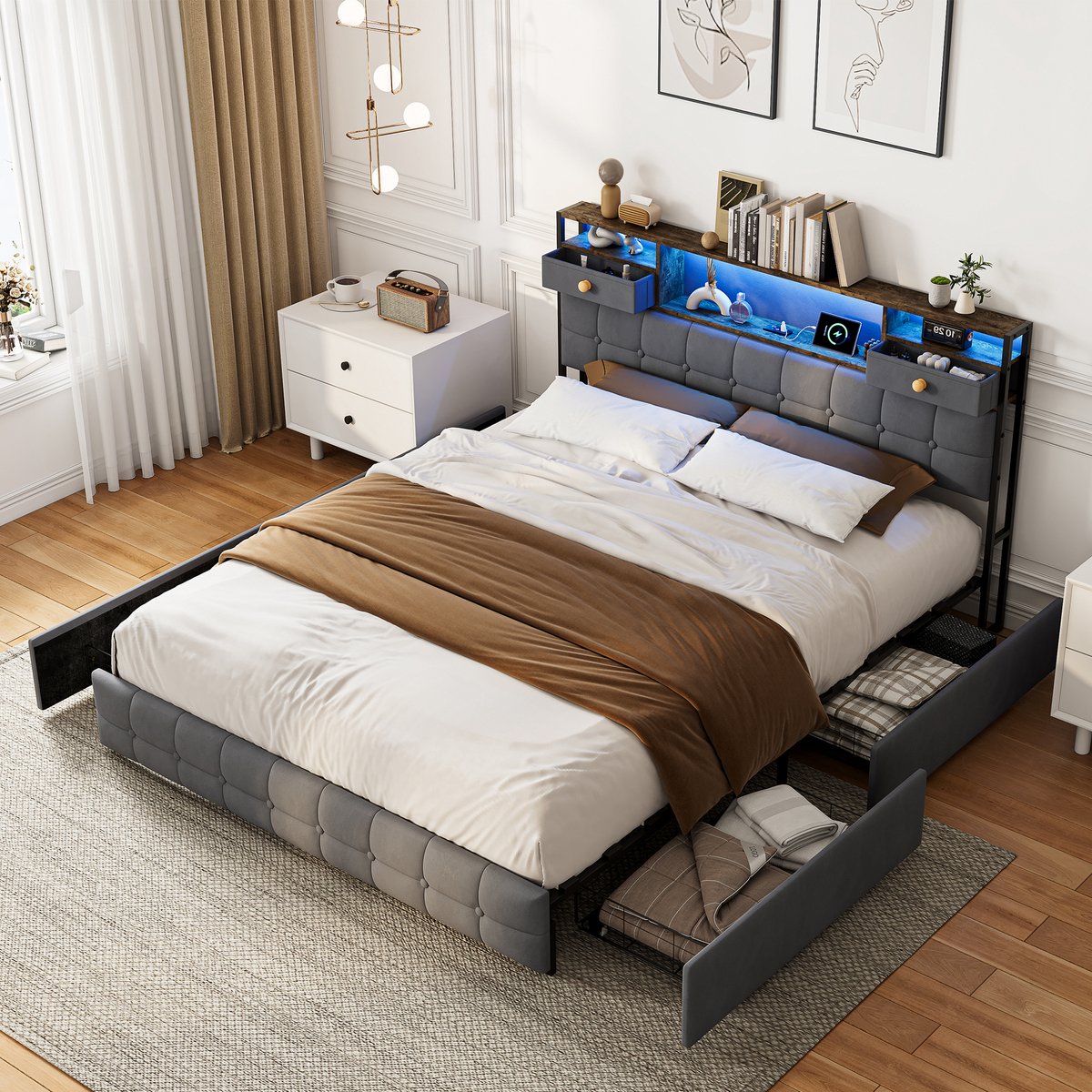 Gestoffeerd bed 160x200 met led en USB - bedframe met 4 laden, jeugdbed 160x200 met opbergruimte, tweepersoonsbed met lattenbodem, bedframe, bedhoofdeinde met lade, fluweel, grijs