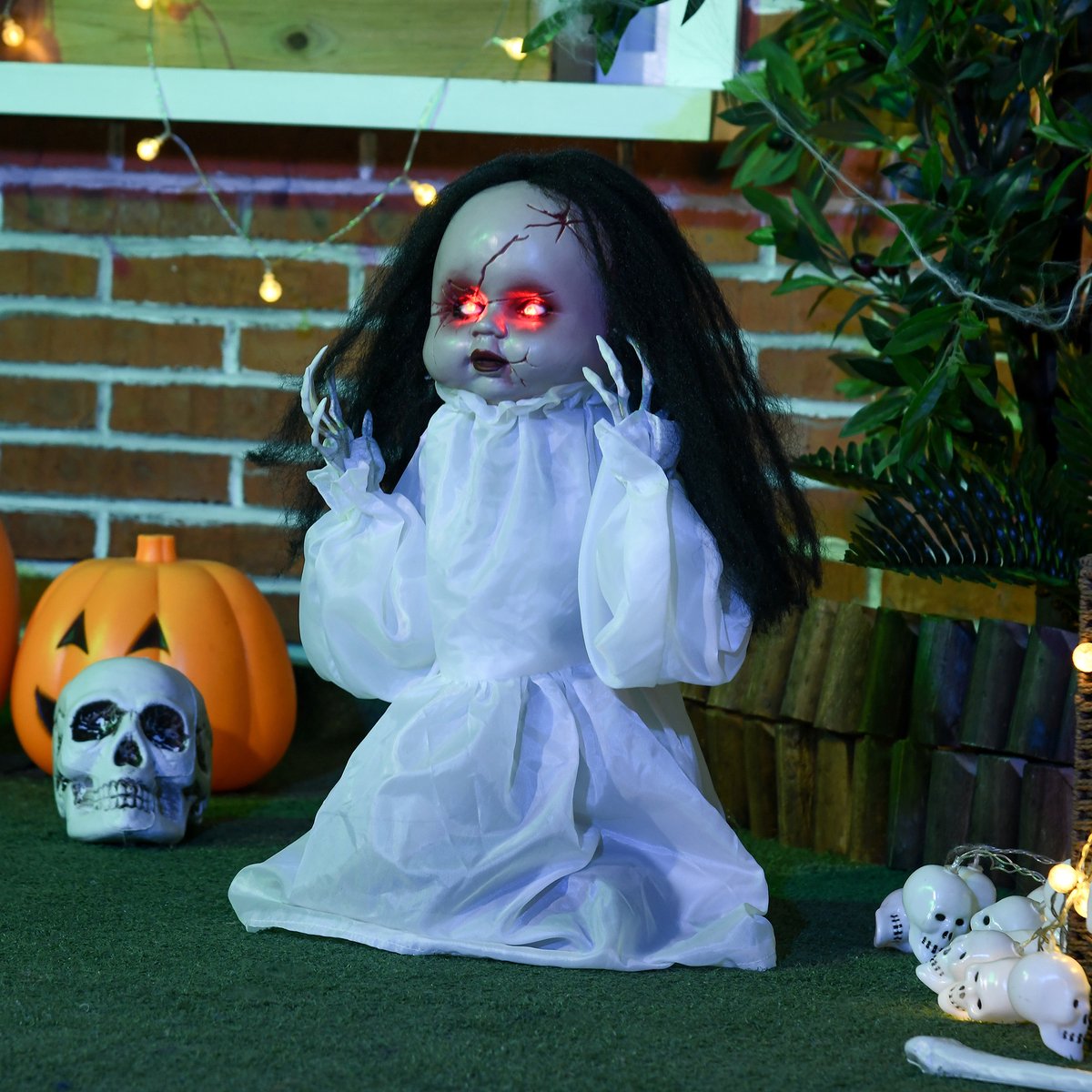 TEKROA® Halloween decoratie - Halloween-decoratie horrorpop – LED-ogen – huilgeluid – springt omhoog – geluids- en bewegingssensor - Halloween versiering - 60L x 15B x 60H cm