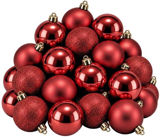Mica Decorations Kerstballenset Onbreekbaar Rood 27 Stuks - Gemaakt van Gerecycled Polystyreen - Diameter 8 cm - Ideaal voor Gezinnen met Kinderen en Huisdieren - Rood