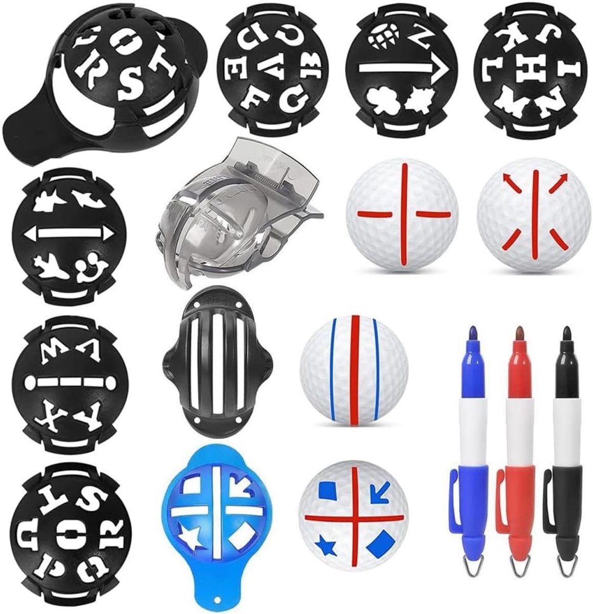 12 Stuks Golf Ball Markers met Lijntekening en 6 Templates voor Nauwkeurige Alignering en Coating