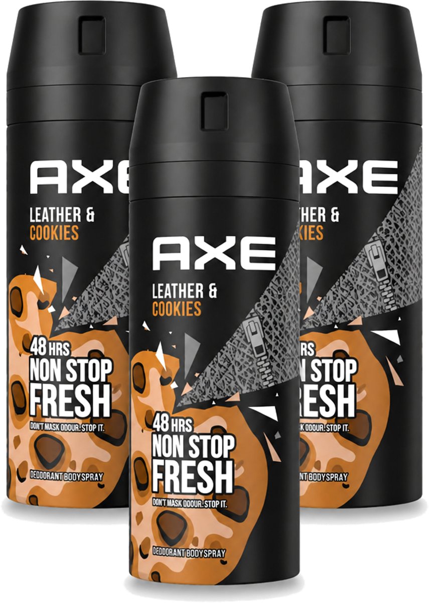 3 x Axe - Deodorant Bodyspray - 48hrs Fresh - Leather & Cookies - 150 ml - Voordeelverpakking - 3 stuks