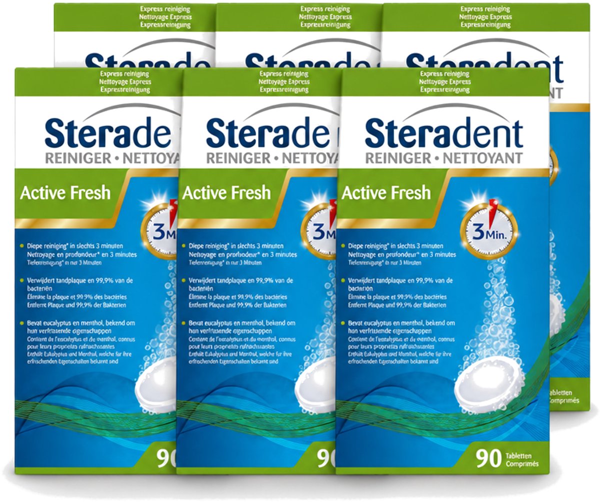 6 x Steradent - Kunstgebitreiniger - Active Fresh - Menthol En Eucalyptus - 90 Tabletten - Voordeelverpakking - 6 stuks