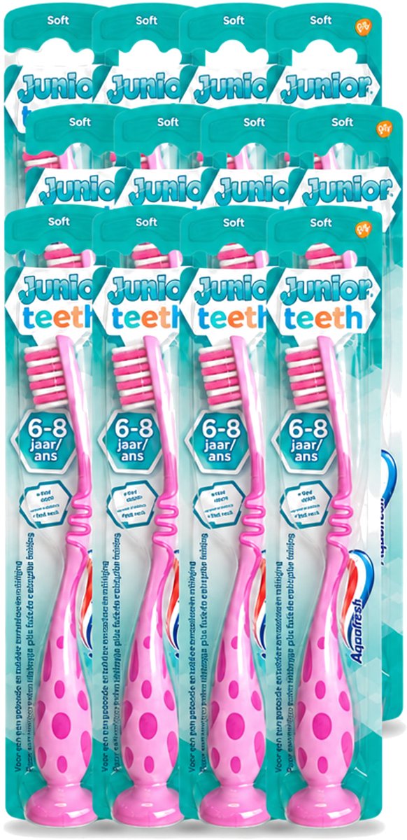 12 x Aquafresh - Junior Teeth Tandenborstel - 6-8 Jaar - Cool Ontwerp - 1 Stuk - Voordeelverpakking - 12 stuks