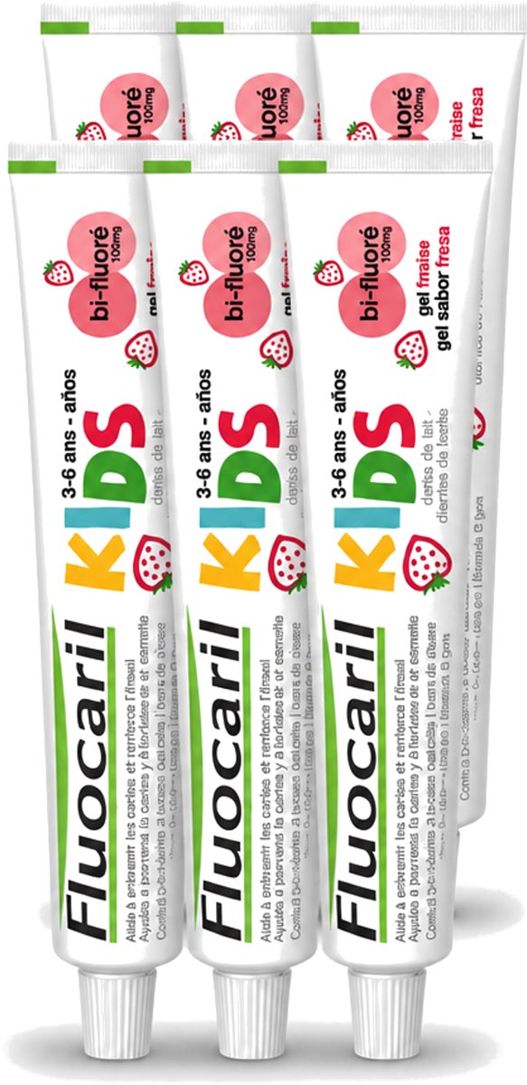 6 x Fluocaril Kids - Bi-Fluoride - Tandpasta - Met Aardbeiensmaak - 3 tot 6 jaar - 50 ml - Voordeelverpakking - 6 stuks