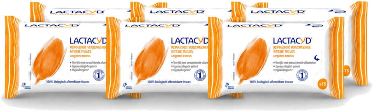 6 x Lactacyd Classic - Intieme Doekjes - Reinigend - Biologisch Afbreekbaar - 15 Doekjes - Voordeelverpakking - 6 stuks