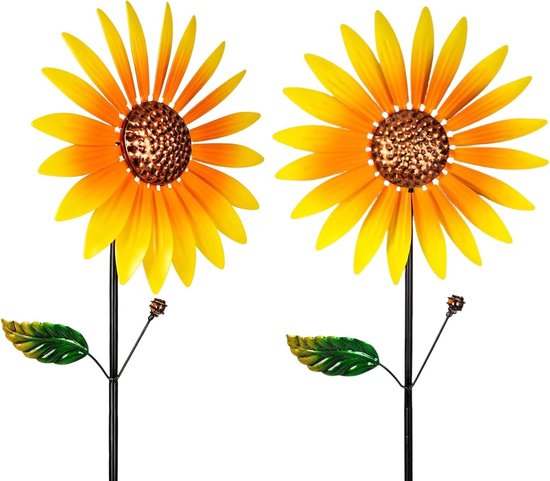 Set van 2 metalen zonnebloem windmolens, 37 x 25 cm, weerbestendige tuinversiering voor balkon, terras en tuin — afbeelding 5