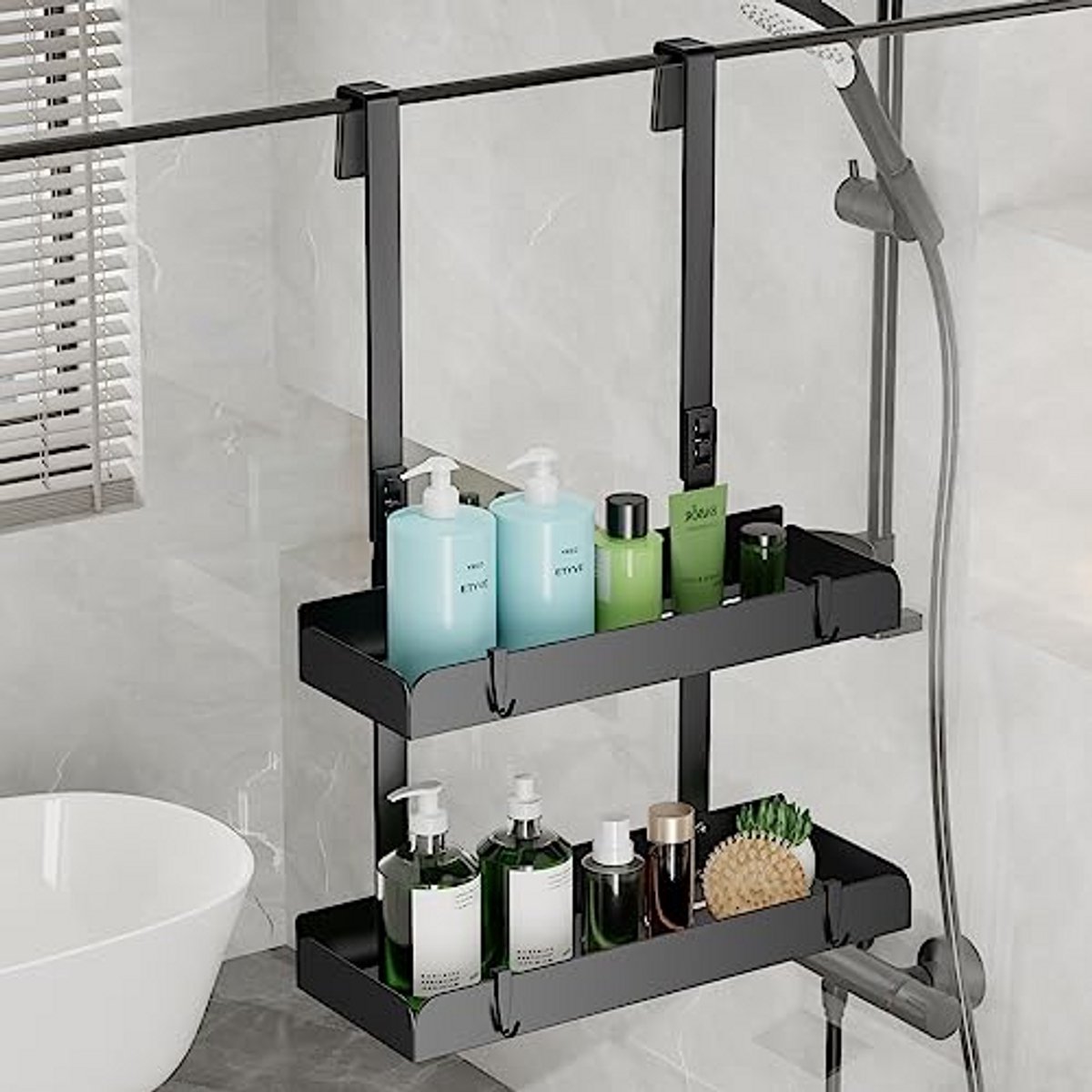 Hangend Doucherek 2 Lagen - RVS Badkamer Organizer - 4 Haken - Zonder Boren - Doucheplank voor Shampoo en Douchegel