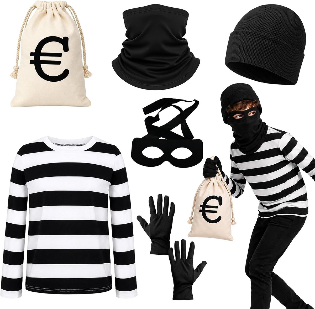 Cracker Kostuum Accessoire met Masker, Pet, Handschoenen en Geldzak voor Carnaval en Halloween voor Volwassenen en Kinderen