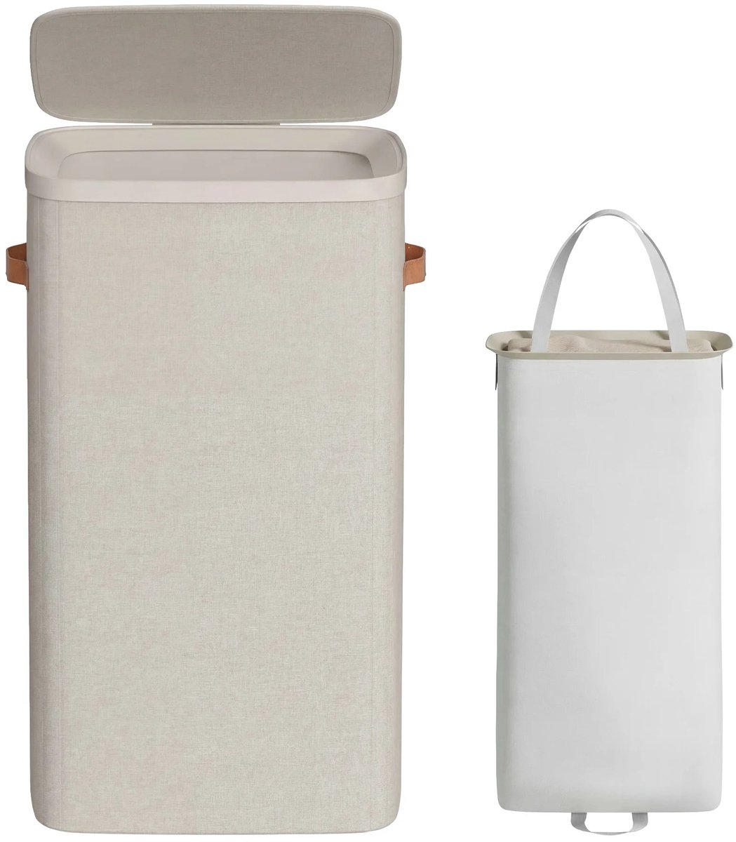 Vurnomi Wasmand - Wasmand met deksel - Waszakken - Handgrepen - Waterafstotend - Opvouwbaar - Binnenzak - 65 L - Cappuccinobeige