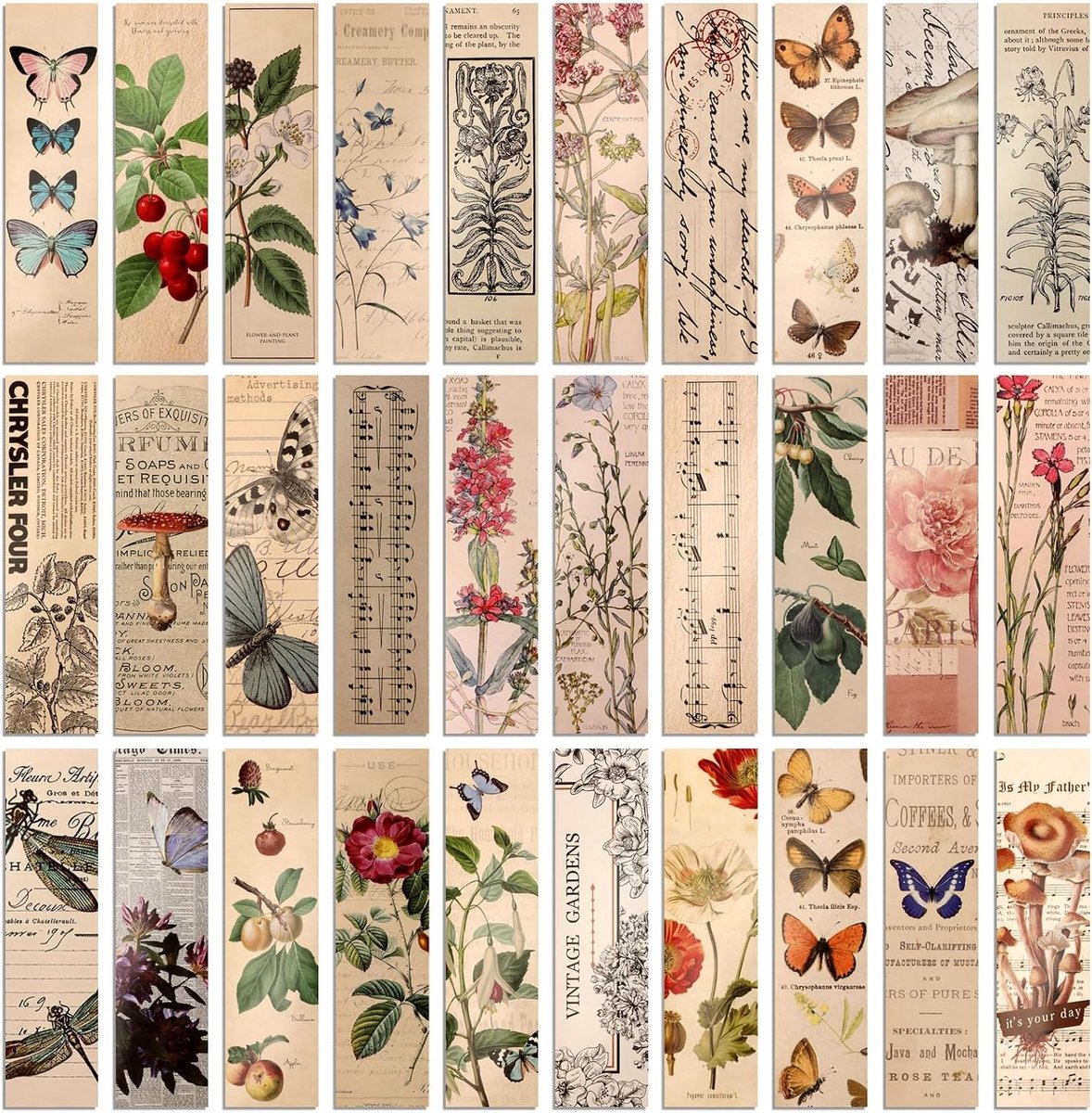 30 Stuks Vintage Natuurlijke Stijl Papieren Boekenleggers, Gepersonaliseerde Bladwijzers met Vlinder en Bloem Motieven, Ideaal voor Lezen en Organiseren van Boeken
