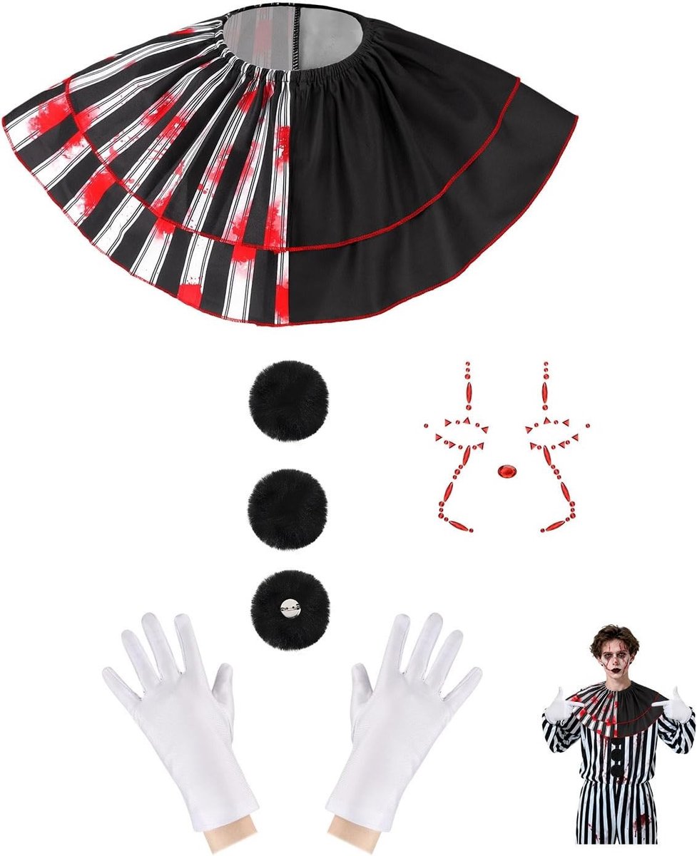 4-delige Clown Accessoires voor Volwassenen en Kinderen - Kraag, Handschoenen, Strass Gezicht en Pompom voor Halloween Feest en Carnaval Cosplay