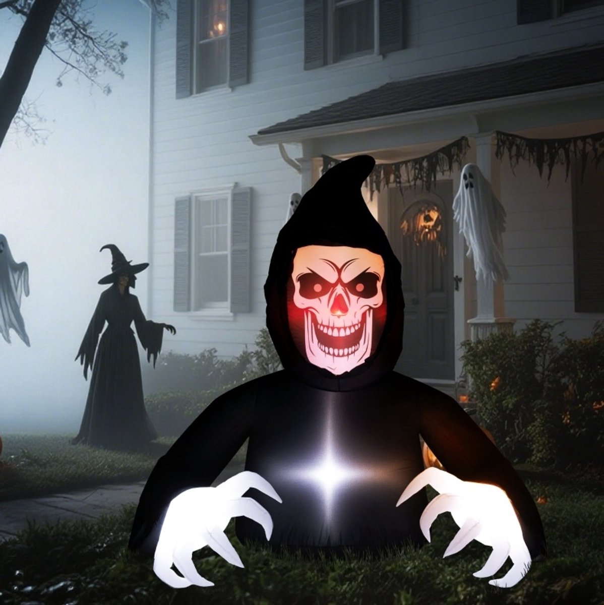 Opblaasfiguur Sensenman 190 X 115 X 180 Cm Met Ledverlichting Polyester Zwart Halloween Tuindecoratie Met Blazerkracht