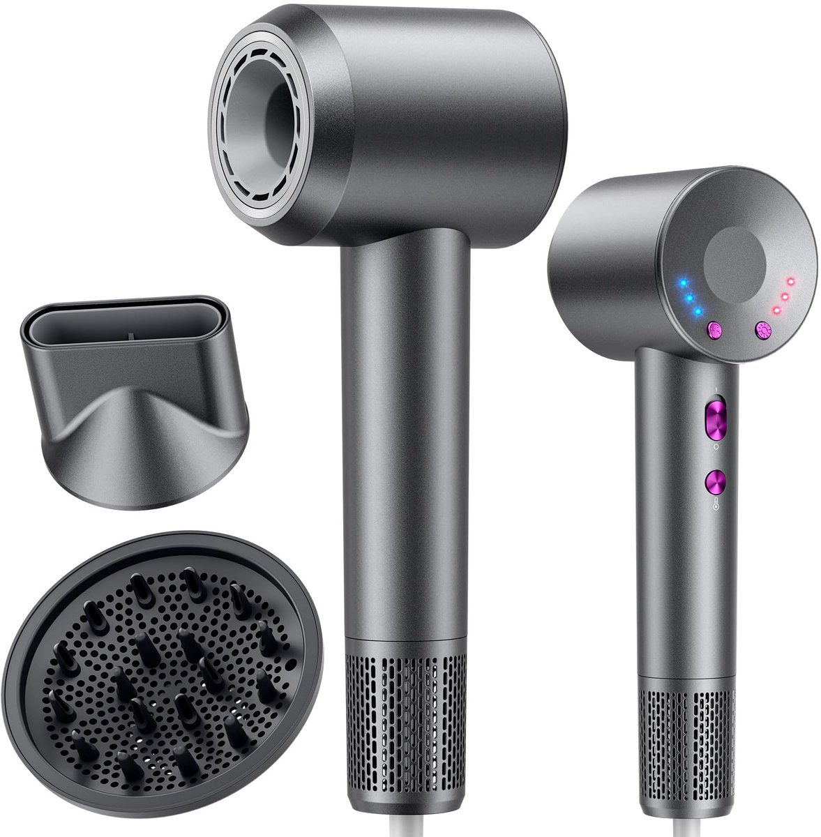 Föhn Ionisch – 160.000 RPM – 1600 W – 36 m/s – 4 Warmtestanden – Met Diffuser – Grijs