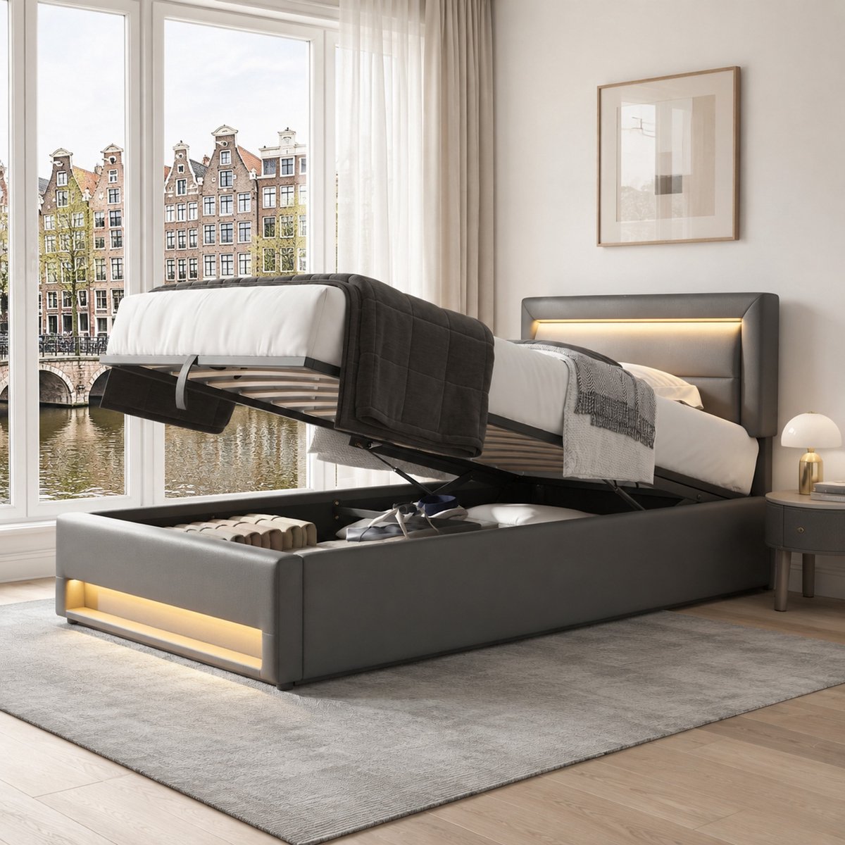 WUVRIE Gestoffeerd bed 90x190 cm met opbergruimte, LED-verlichting, USB-aansluiting en lattenbodem, grijs