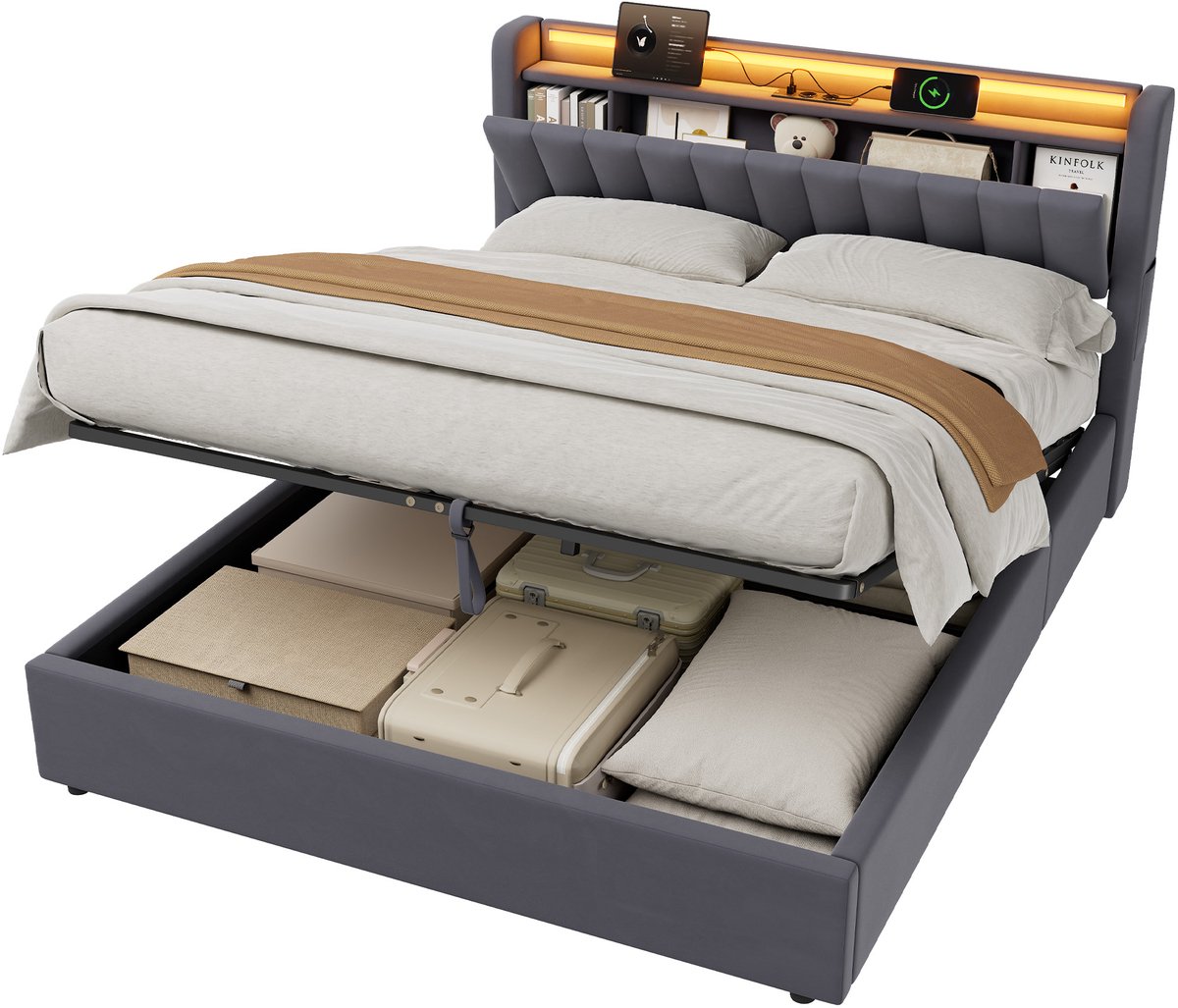 MODENUIT Gestoffeerd bed 160x200cm – Bedframe met opbergruimte – USB-poort en ledlicht – Zonder matras – Donkergrijs