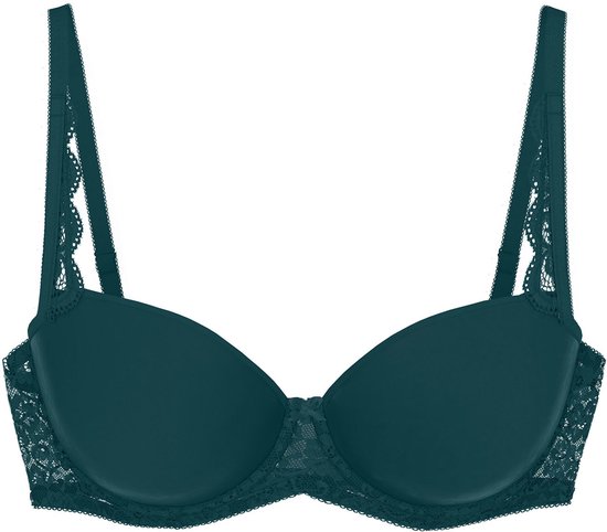 Donkergroene beugelbeha met kantdetails op de cups en bandjes.