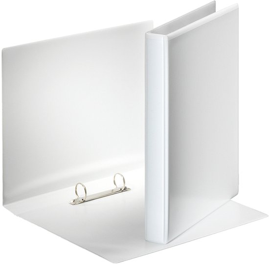 Classeur blanc A4 à deux anneaux, dos de 38mm. Les couvertures sont ouvertes, une couverture est dressée.