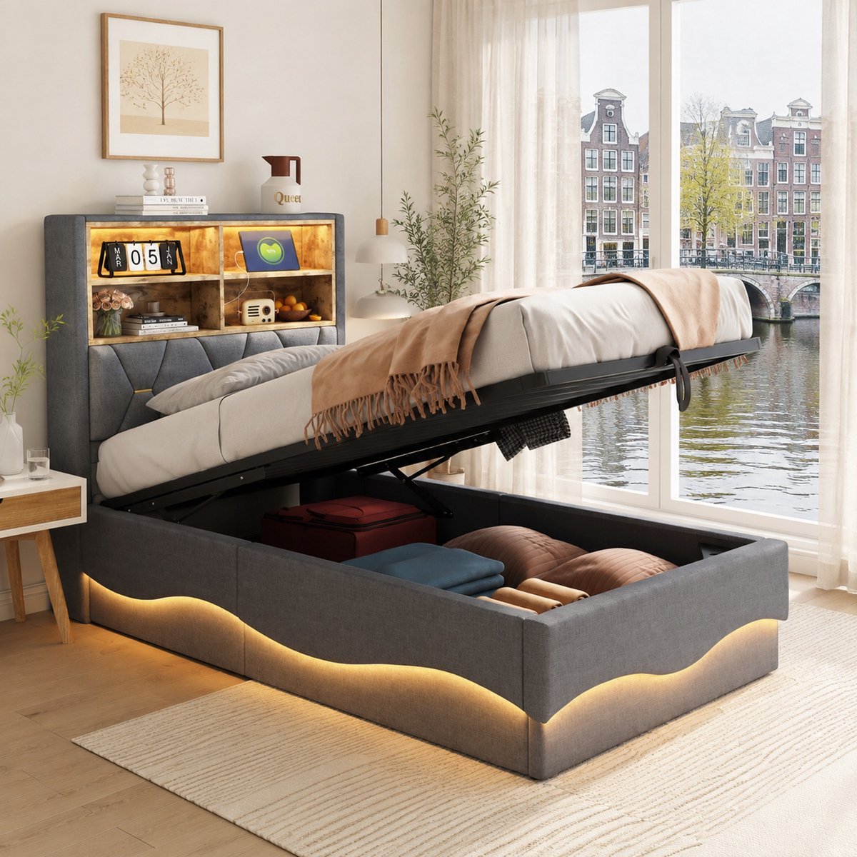 WUVRIE Kinderbed 90x200 cm Grijs - Hydraulische Opbergruimte, APP-gestuurde LED-Verlichting, USB-Lading, Metaallattenbodem, Leinenstof