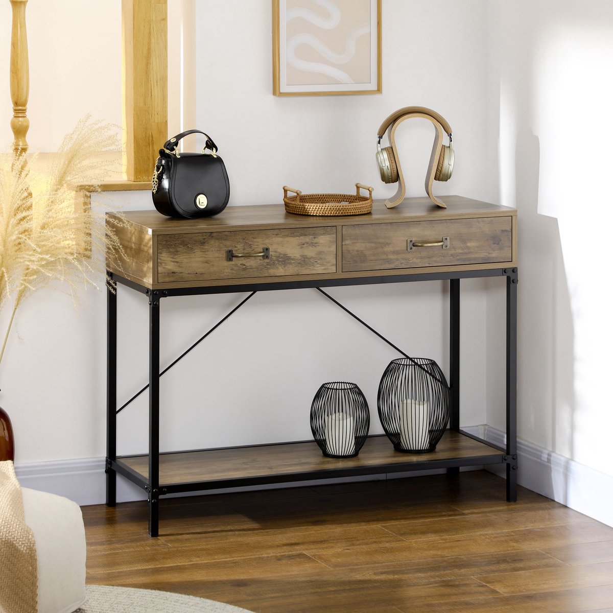 HAUSS SPOLE Sidetable - Industrieel Design Met 2 Lades En Onderplank - Voor Hal En Woonkamer - Metaal En Spaanplaat - 100x35x76,5 Cm - Bruin Zwart