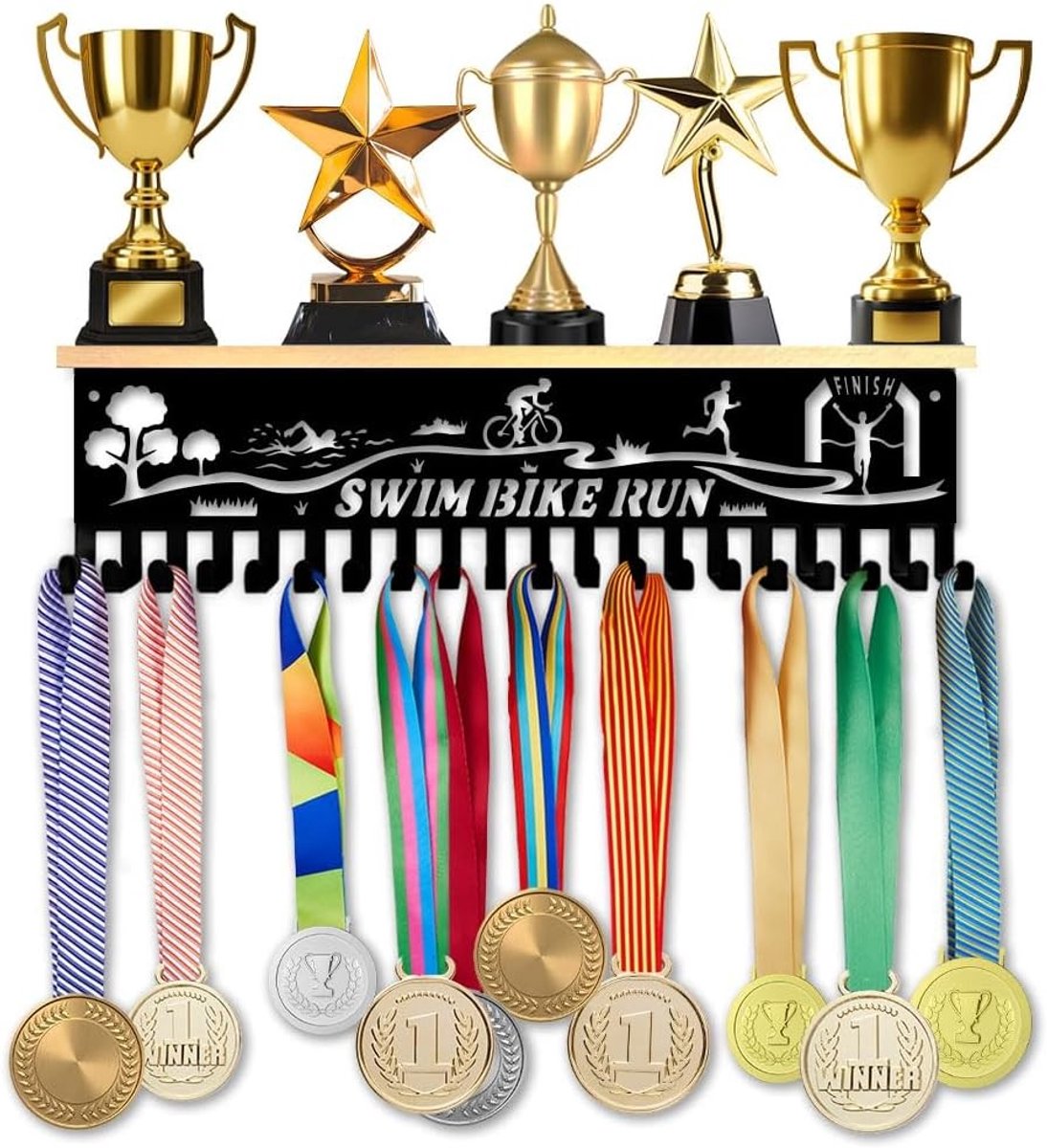 Medaille en Trofee Display Plank Zwart Houten met Metalen Wandmontage voor Combat Sports en Awards met 20 Haken en Schroeven