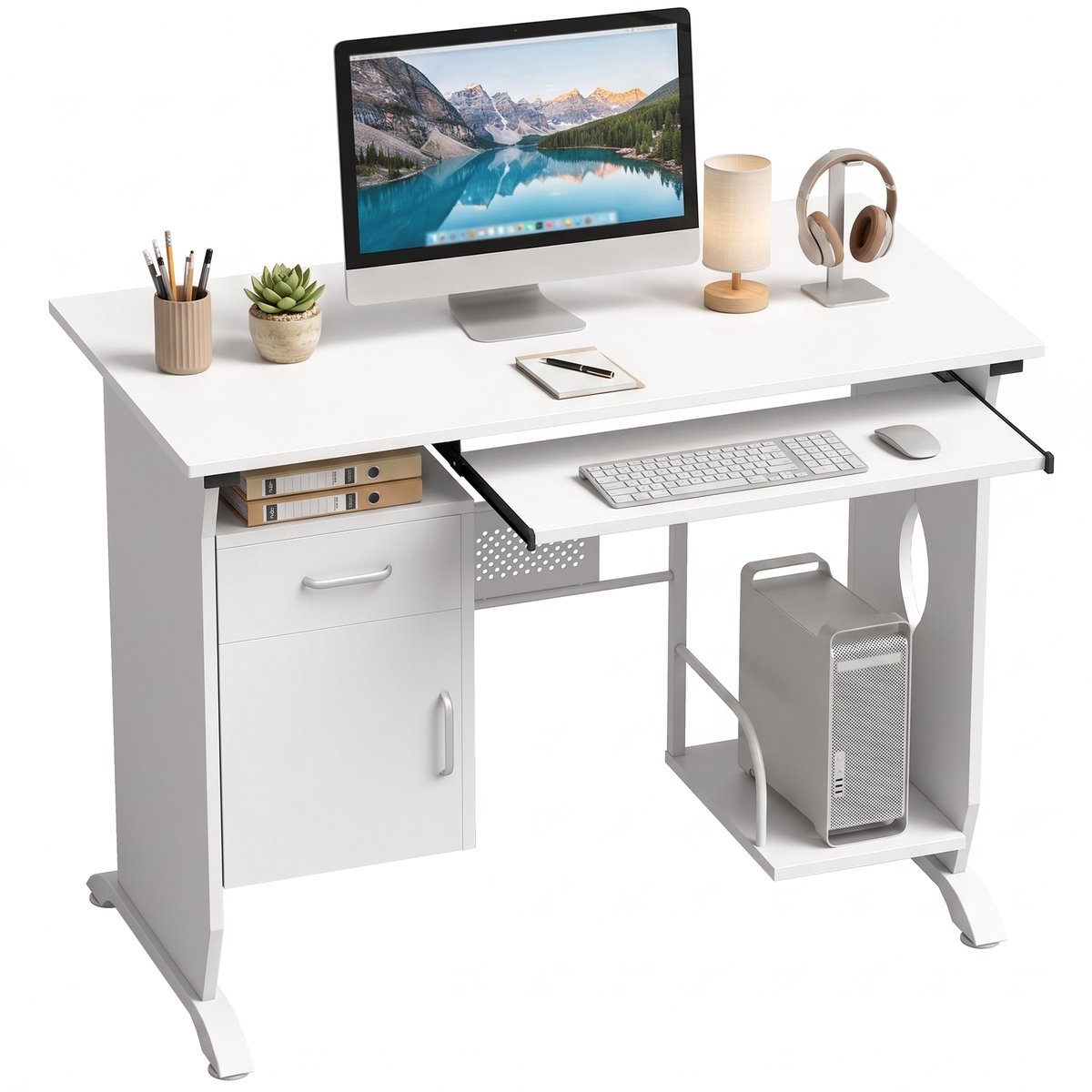 Computertafel - Uitschuifbaar Toetsenbordplateau - Laden - CPU-Houder - 100x52x75 cm - Wit