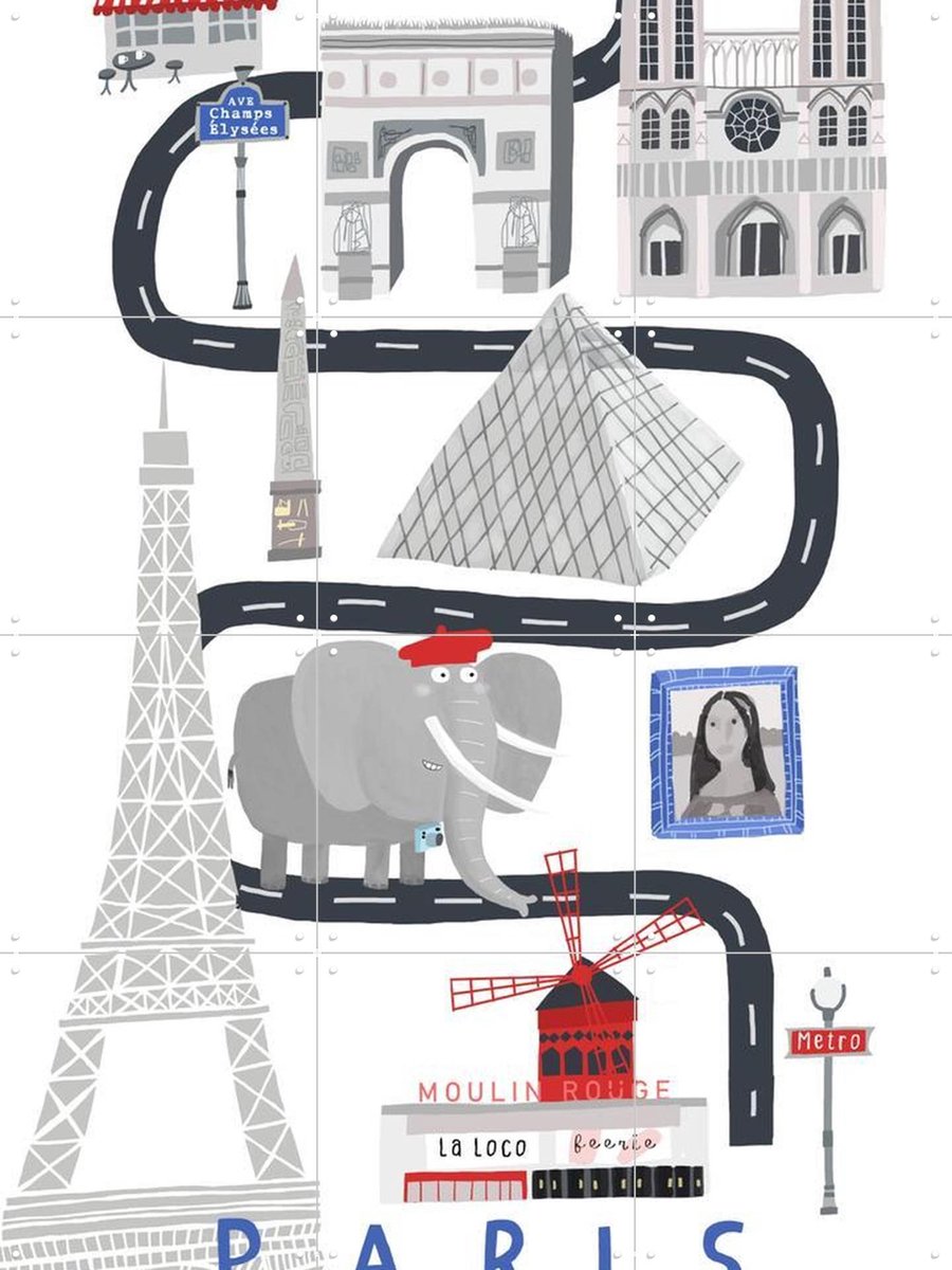 IXXI Paris City With Cute Elephant Tourist, Carla Daly - 60 x 80 cm - Gratis ophangtool - Grote wanddecoratie en posters - Illustraties, Cartoonesk