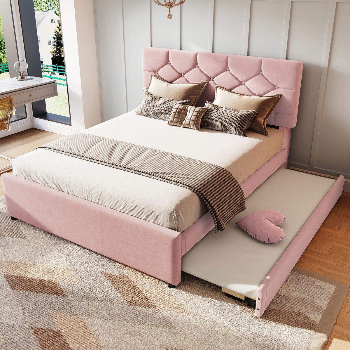 COVREO Bed met uitrolbed – 140x200 cm – Tweepersoonsbed met lattenbodem – Stof en MDF – Roze - zonder matras