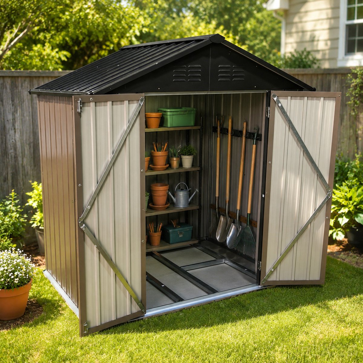 Metalen tuinschuur 6x4 ft met puntdak bruin-zwart - Buitenopslag - Ingebouwd vloerframe - 1,95 m² oppervlakte - Weerbestendig - Eenvoudige montage
