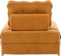 Vooraanzicht van een oranje corduroy slaapfauteuil met rugkussens en houten poten.