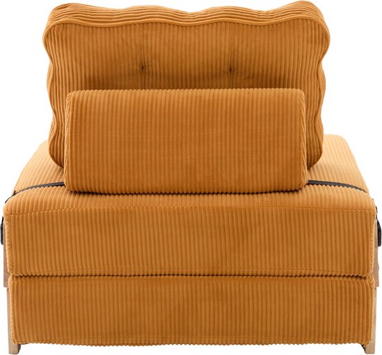 Vooraanzicht van een oranje corduroy slaapfauteuil met rugkussens en houten poten.