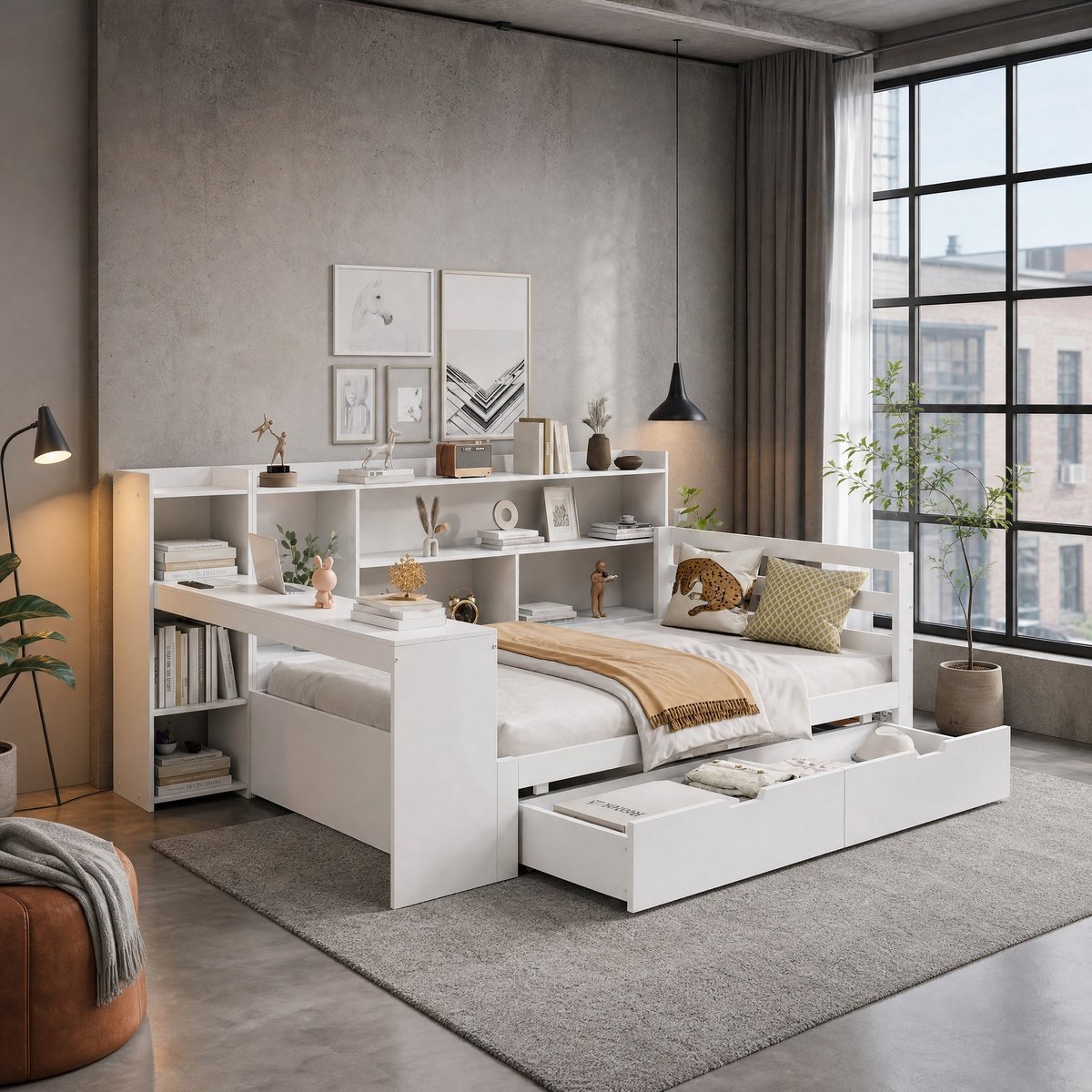 COVREO Slaapbank met bureau en opbergruimte – 90x200 cm – Multifunctioneel bed met boekenrek – 2 lades en stopcontact – Wit - zonder matras