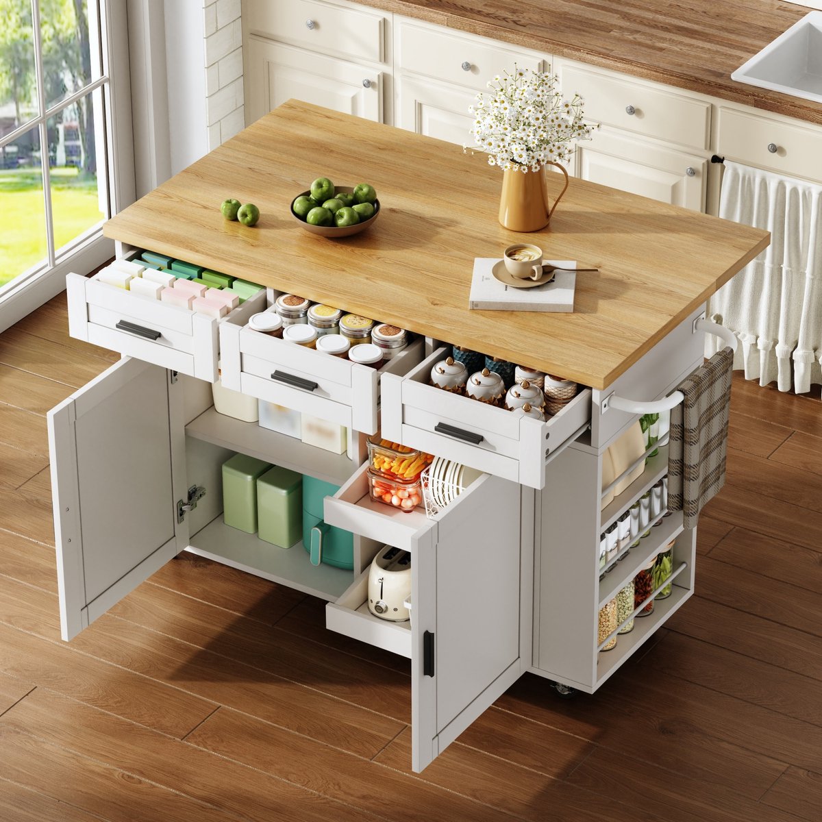 Mobiele Keukeninsel Met Klapbaar Werkblad En Stopcontacten Voor Keuken En Eetplek MDF Naturel Wit 120x70x84 Cm
