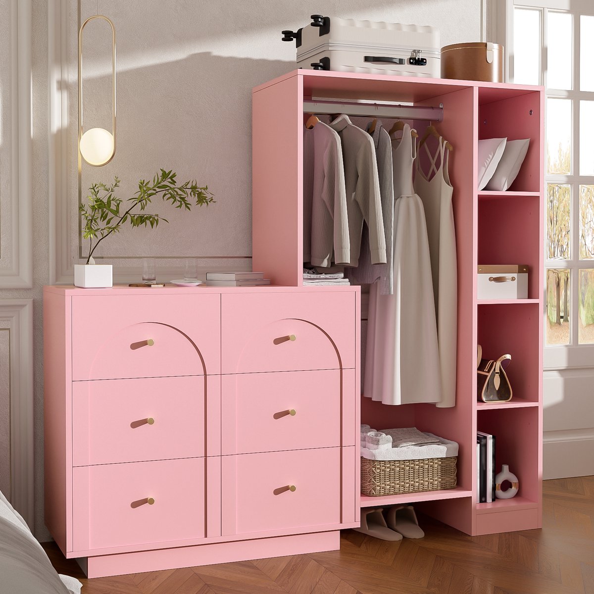 Kledingkast Met Open Garderobe, 6 Lades En Zijplanken Voor Slaapkamer En Opbergruimte, Spaanplaat En Metaal, Roze, 139 X 35 X 133 Cm