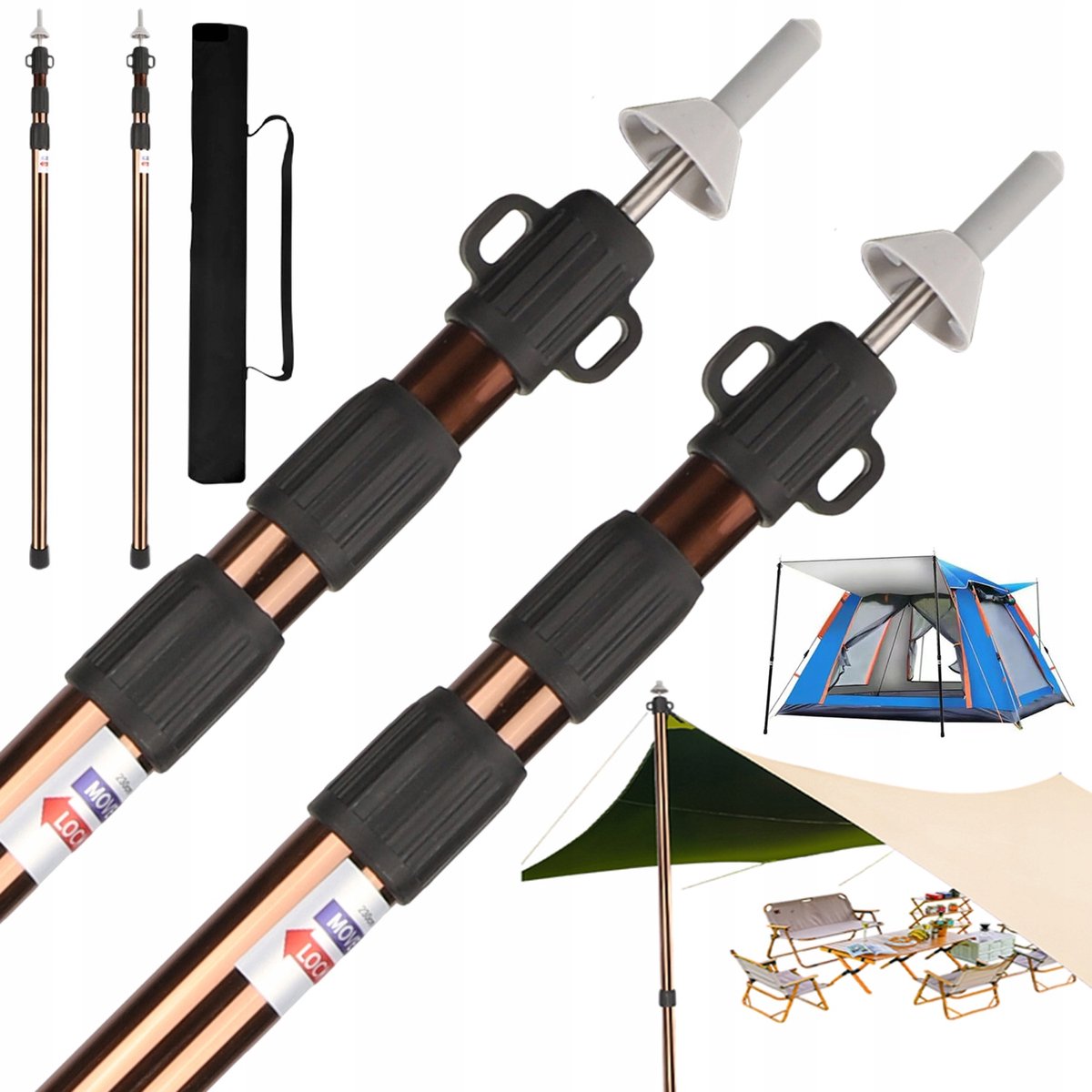 Tarp/Tentstok - Spanstok Luifel - Tentstang - Luifelstok - Telescopisch - 2 Stuks - 90-230 cm - Aluminium - 4 Delig - Roestpreventie & Antislip - met Opbergtas - Telescoopstang - Voor Tent Tarp Luifel en Hangmat - Koffiebruin